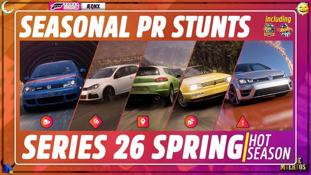 Thumbnail from the video, reading: "Seasonal PR Stunts including Rally Adventure and Hot Wheels, Series 26 Spring / Hot Season".

Five tiles picture different cars, representing the stunts' requirements, with an icon below to indicate which type of stunt each tile is: Speed Trap, Drift Zone, Trail Blazer, Speed Zone, Danger Sign.