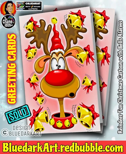Reindeer fun Christmas cartoon with bells alarms greeting cards ● Design Copyright BluedarkArt TheChameleonArt
