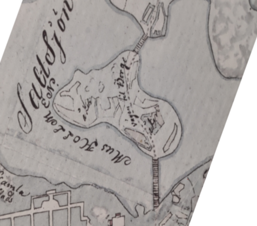 Pitkäsilta ja Siltasaari  1784. Ote suuremmasta kartasta, jota käännetty (alkuperäinen ei ollut pohjois/eteläsuunnassa).