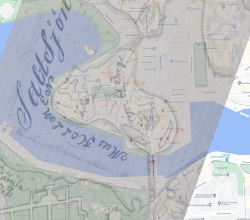 Pitkäsilta ja Siltasaari 1784 ja 2023. Päällekkäin. 