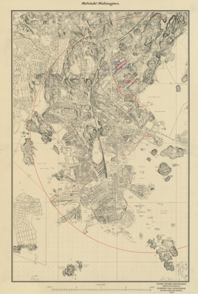Helsingin kaupunkisuunnitelma 1932. Kartassa kohtia jotka rakennettu eri tavoin kuin suunniteltu, tai jätetty rakentamatta. Kulosaaren osalta rajat epätarkkoja, samoin Lauttasaari näyttää epäilyttävältä.