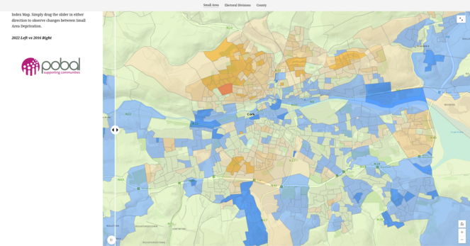 Cork City deprivation maps showing the growth in "Very Disadvanted" and "Extremely Disadvantaged" areas, especially on the Northside of the city, beyween 2016 (this first image) and 2022 (second image).