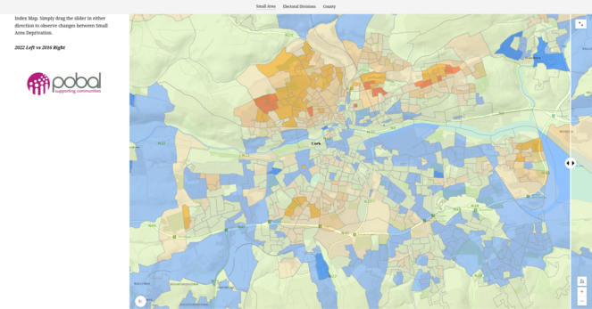 Cork City deprivation maps showing the growth in "Very Disadvanted" and "Extremely Disadvantaged" areas, especially on the Northside of the city, beyween 2016 (first image) and 2022 (this second image).