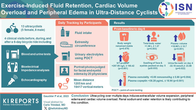 Graphical abstract for the paper: Exercise-induced fluid retention, cardiac volume overload and peripheral edema in ultra-distance cyclists