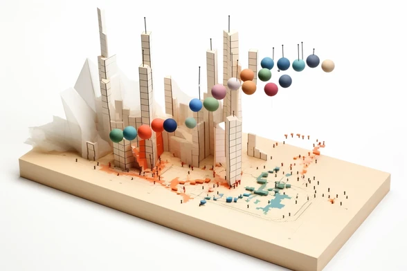 Generated by AI. Looks like a set of toy blocks and colored spheres in a graph shape.