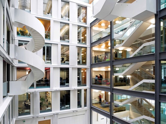 The atrium of the Informatics Forum has dramatic hanging staircases, and views onto several open social spaces.