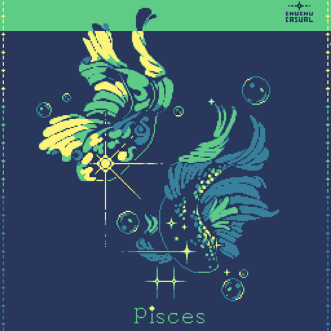 Pixel art with two fishes representing the pisces sign of the horoscope
