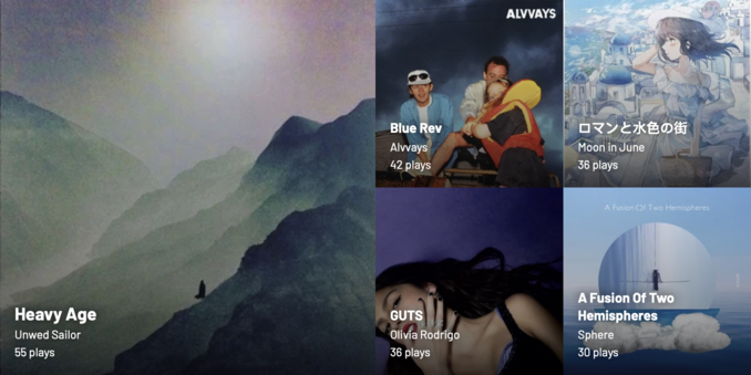 1. Unwed Sailor - Heavy Age
2. Alvvays - Blue Rev
3. Moon In June - ロマンと水色の街
4. Olivia Rodrigo - GUTS
5. Sphere - A Fusion Of Two Hemispheres