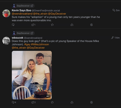 Screenshot of a couple of posts in which Speaker Mike Johnson’s possible gayness is discussed, based on (a) a picture of him and his wife in their 20s being young and attractive while he leans away from her, and (b) him adopting a younger black man when Mike was 25 and the adoptee was 15.