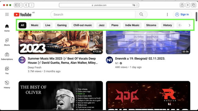 Screenshot of YouTube’s website in desktop browser. At the top, there is a horizontal bar with buttons with the labels All, Music, Live, Gaming, etc.