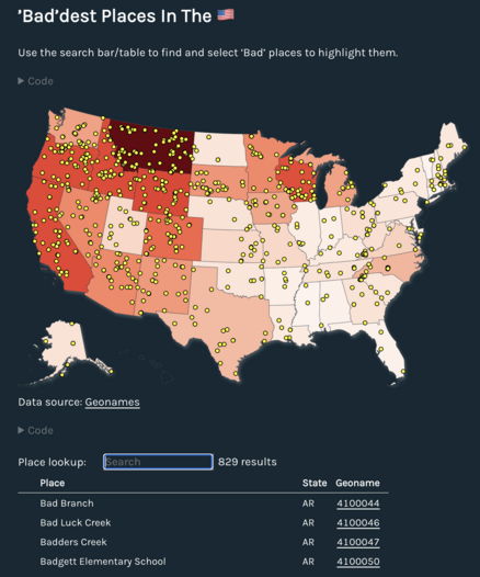map and table displayed at the url
