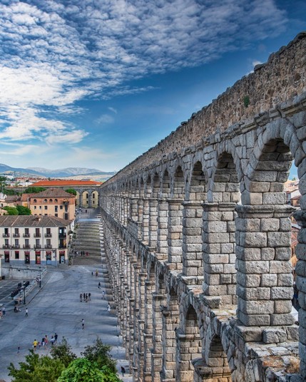 The Aqueduct of Segovia is a stunning Roman engineering marvel, with its two-tiered arches