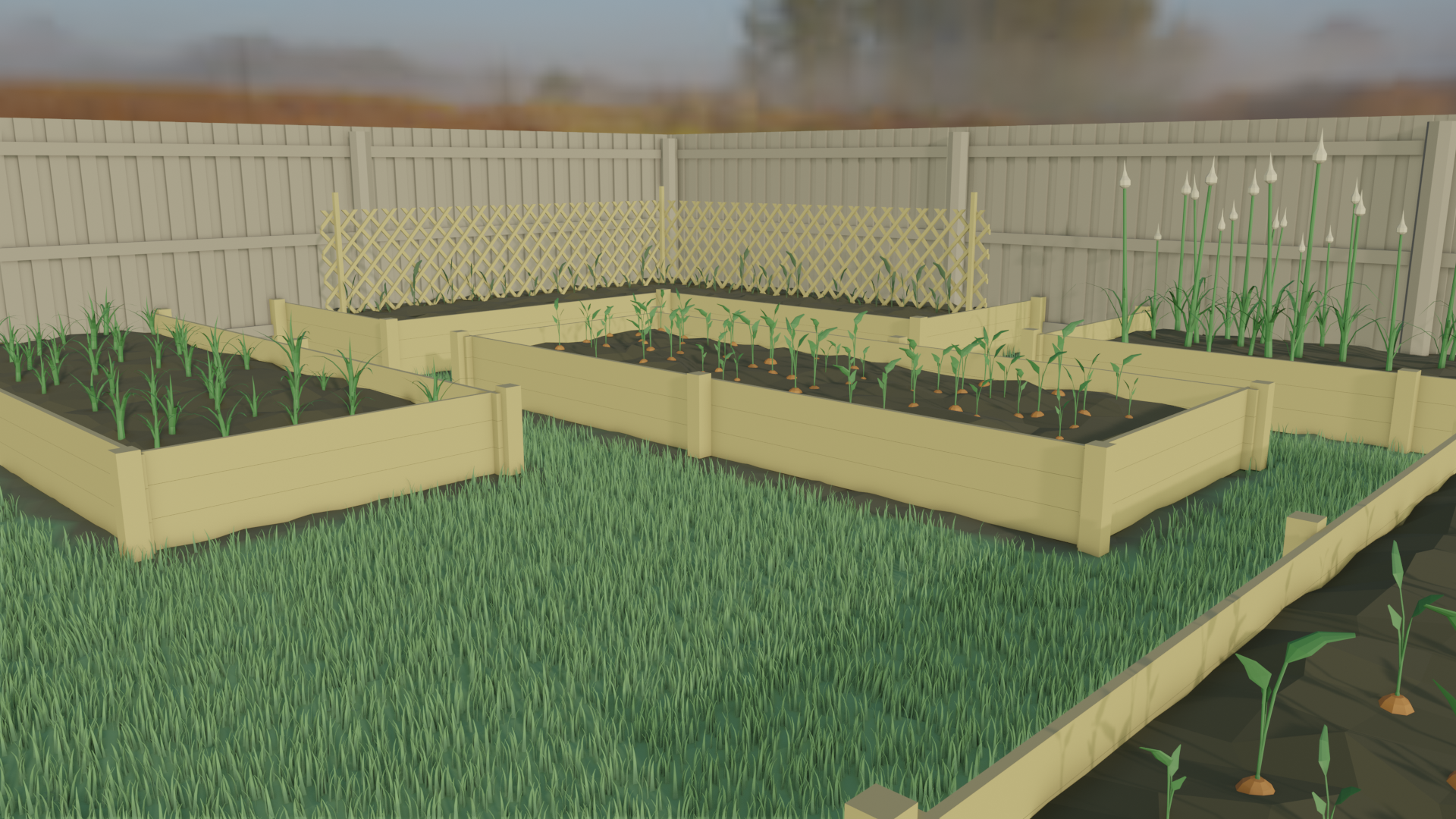 A low poly yard with raised garden beds, containing carrots, garlic, and some other unidentifiable vegetables. The back corner bed has some lattice for vines to grow up