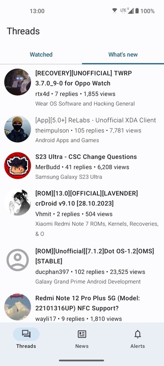 Screenshot showing threads which have latest activity on the XDA Developers (Forums)