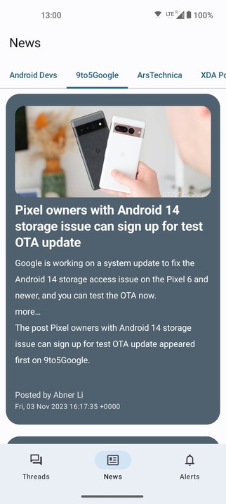 Screenshot showing a snippet of the latest news from 9to5Google for Android devices