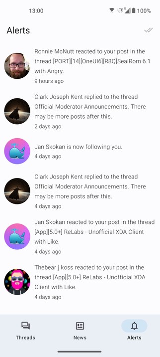 Screenshot showing latest alerts from XDA Developers (Forums)