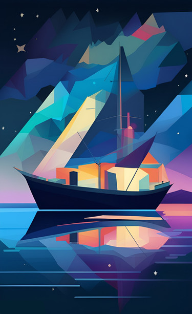a ship is depicted drifting in the night sea, lights reflected in the water are visible from the ship