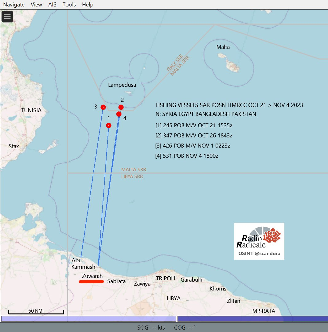 OSINT Karte zeigt die Positionen südwestlich von Lampedusa von 4 SAR-Ereignissen mit Fischerbooten am 21.10. / 26.10. / 01.11. / 04.11.