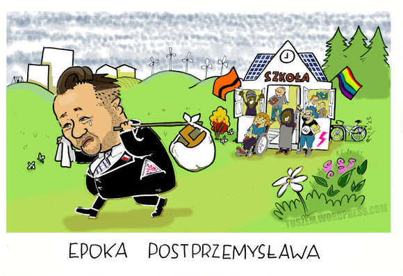 Rysunek satyryczny: Przemysław Czarnek odchodzi z polskiej szkoły.