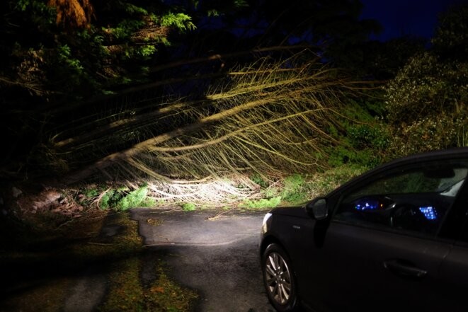 Pendant la tempête Ciran sur la route de Plobannalec Lesconil (Finistère) © Fred TANNEAU / AFP