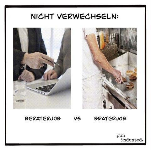 Überschrift: Nicht verwechseln. Ein Symbolfoto von einer Person, die jemand Bildschirminhalte am Laptop erläutert. Daneben ein Foto von einer Person, die im Fast-Food-Restaurant Burger brät. Bildunterschrift: Beraterjob versus Braterjob.