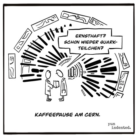 Ein Cartoon. Zwei Wisschenschaftler stehen vor einer massiven technischen Anlage. Person A bietet Person B eine Papiertüte an. Person B schaut skeptisch in die Tüte und sagt: Ernsthaft? Schon wieder Quarkteilchen? Bildunterschrift: Kaffeepause am CERN.