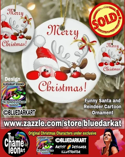Funny Santa & Reindeer Character Copyright BluedarkArt TheChameleonArt ● Christmas Ornaments available for sale in the BluedarkArt Zazzle Store