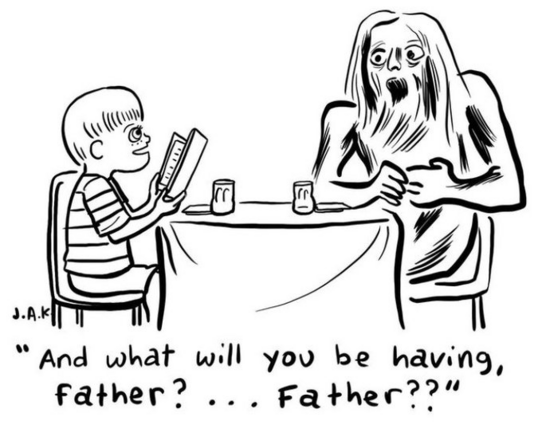 Dibujo del dios Saturno y su hijo sentados en la mesa de un restaurante. El hijo le pregunta a su padre: “¿tú qué vas a comer, papá? ¿Papá?” (El chiste hace referencia al cuadro Saturno devorando a su hijo, de Goya).
Drawing of the god Saturn and his son seated at a restaurant table. The son asks his father: "And what will you be having, father?... Father? (The joke refers to the painting Saturn devouring his son, by Goya).