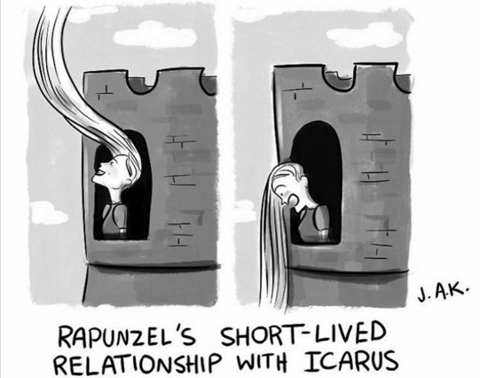 Dibujo en el que se ve a Rapunzel, la del cuento, en la ventana: en la primera viñeta, con su larga cabellera ascendiendo hacia algún lugar hacia arriba, en el cielo. En la segunda viñeta, mirando hacia abajo con cara de susto y la cabellera hacia el suelo. El chiste dice: “La efímera relación de Rapunzel con Ícaro”. 
Drawing showing Rapunzel, the fairy tale girl, at the window: in the first cartoon, with her long hair rising somewhere upwards, towards the sky. In the second cartoon, looking down with a frightened face and her hair towards the ground. The joke goes: “Rapunzel’s short-lived relationship with Icarus.”