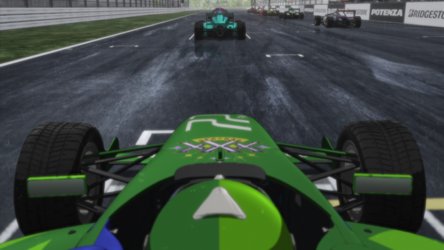 A Formula 4 car starting on wet weather tires from the anime series Overtake! Episode 6.