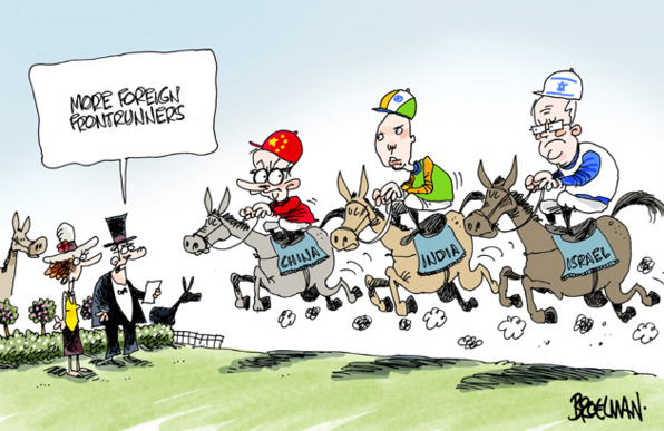 We see three jockeys in their coloured uniforms racing on their horses with their named saddle blankets, (described by an upper class observer to his shiela standing over by the paddock "MORE FOREIGN FRONTRUNNERS")
1. red helmet (chinese flag) red jacket, Albo, blanket: CHINA
2. yellow white green helmet (indian flag) green yellow jacket, Dutto (n), blanket: INDIA
3. blue white helmet (israeli flag) white blue jacket, Morro (n), blanket: ISRAEL 