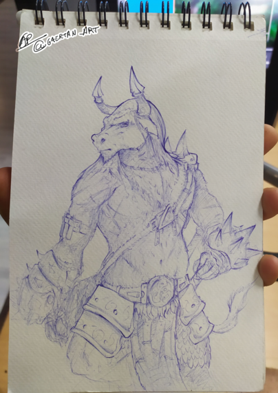Pen sketch of a minotaur bruiser, a mage looking bird person, and a banshee made out of butterflies with metal armor and restraints