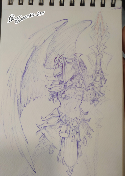 Pen sketch of a minotaur bruiser, a mage looking bird person, and a banshee made out of butterflies with metal armor and restraints