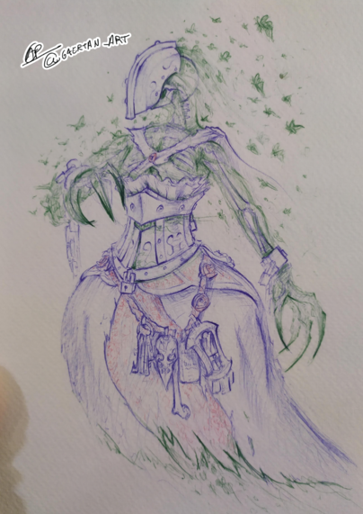 Pen sketch of a minotaur bruiser, a mage looking bird person, and a banshee made out of butterflies with metal armor and restraints