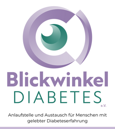 Logo des Vereins "Blickwinkel Diabetes", violette und grüne Kreissegmente. Darunter die Beschriftung: Blickwinkel Diabetes e. V. Anlaufstelle und Austausch für Menschen mit gelebter Diabeteserfahrung.