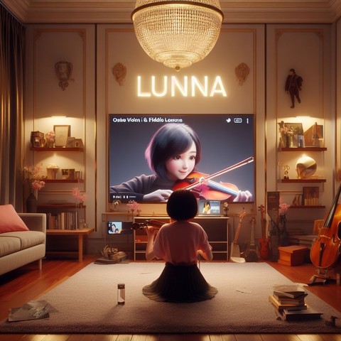 A laptop displaying an online violin lesson with a teacher playing the violin. A student, holding a fiddle, is attentively watching the lesson on the screen. The backdrop features musical notes and a cozy home setting. It represents the convenience of online music lessons.