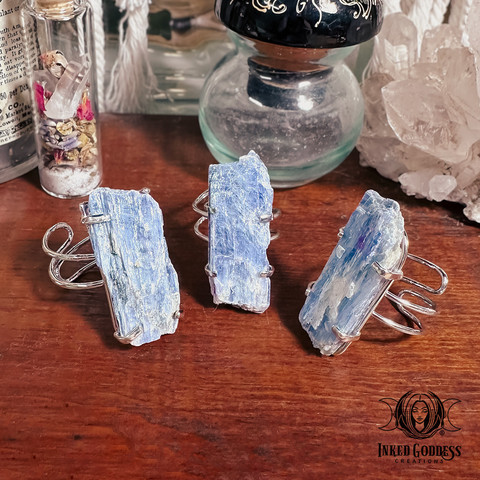 A photo of the "Blue Kyanite Adjustable Ring" product for Tranquility from Inked Goddess Creations.