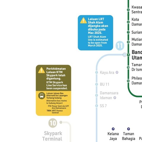 Two labels on the official transit map.

Blue sticker describing the LRT3 (Shah Alam LRT) is only expected to open on March 2025.

Brown-yellow sticker describing the KTM Skypark line was suspended with bus 772 and T804 as alternative bus routes to Subang airport from Pasar Seni via Ara Damansara and MRT Kwasa Sentral respectively.