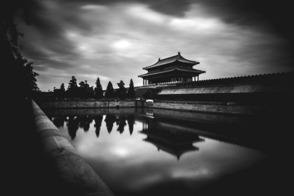 A black & white long exposure of the north gate to the Forbidden City in Beijing