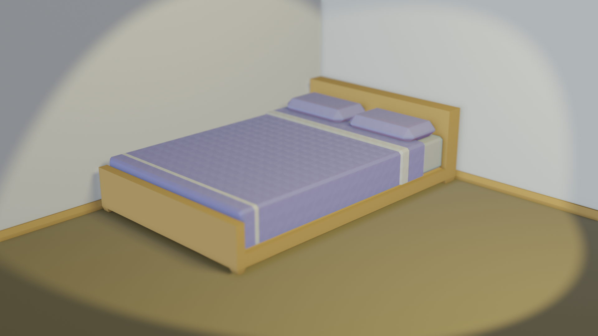 A low poly bed with blue cover in the corner of a room, lit by a spotlight