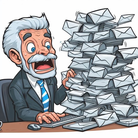 Image generated by Bing Image creator. Cartoon style image. Grey bearded white man in suit, sweating and panicking by a large stack of envelops on his desk covering his computer. Prompt: create me an image where an seasoned mail administrator is dealing with a lot of electronic mails. Depict this in a cartoon and comical style.