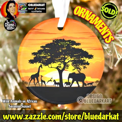 Wild animals on African Savanna Sunset, Art Copyright BluedarkArt TheChameleonArt ● Christmas Tree Ornaments available for sale in the BluedarkArt Zazzle Store