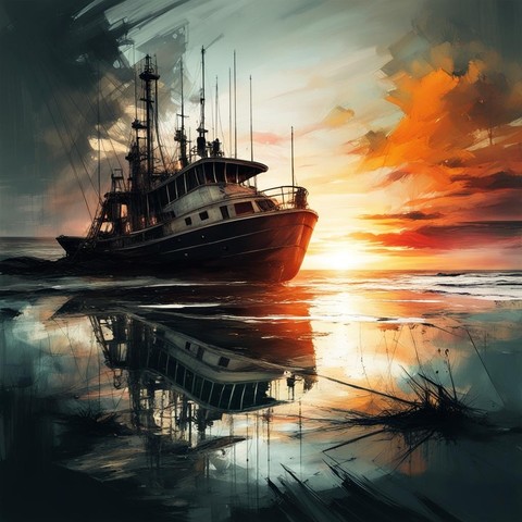 Image of a small boat at sunset reflected in the shallow water it sits in and on the beach