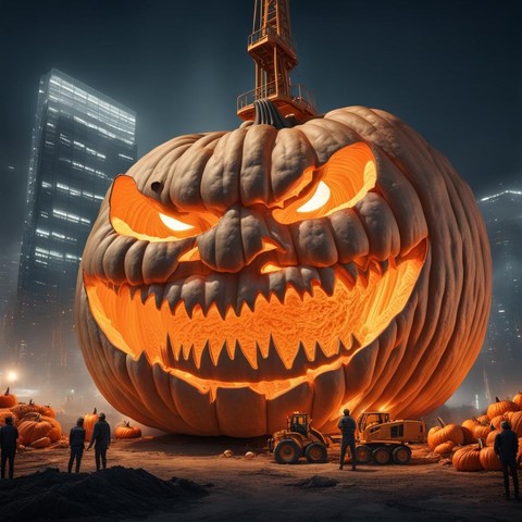 AI Image of a huge pumpkin on a building site, with Halloween carving done by heavy industrial machinery