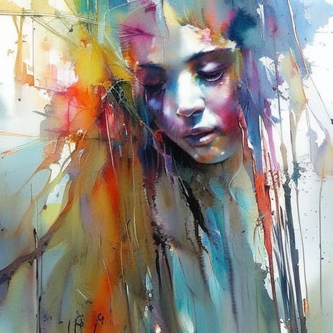 AI watercolour image of a girls face in broad strokes looking down