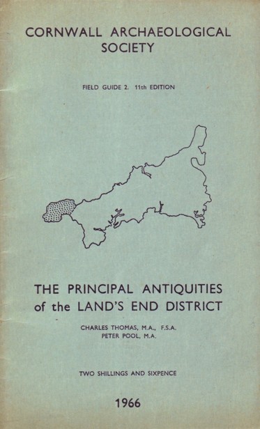 The front cover of the 11th edition of 'The Principal Antiquities of the Land's End District' by Charles Thomas and Peter Pool. Plain pale blue-grey with title and an outline map of Cornwall highlighting Penwith.