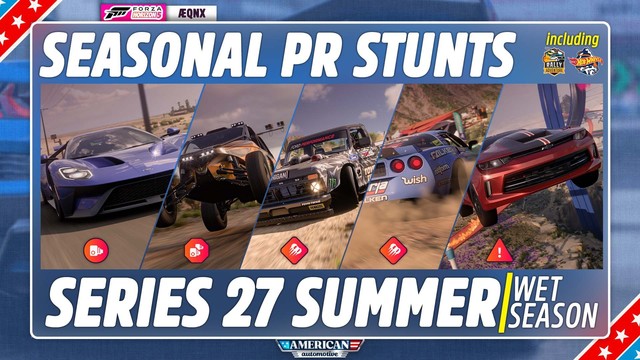Thumbnail from the video, reading: "Seasonal PR Stunts including Rally Adventure and Hot Wheels, Series 27 Summer / Wet Season".

Five tiles picture different cars, representing the stunts' requirements, with an icon below to indicate which type of stunt each tile is: Speed Trap, Speed Zone, 2x Drift Zone, Danger Sign.