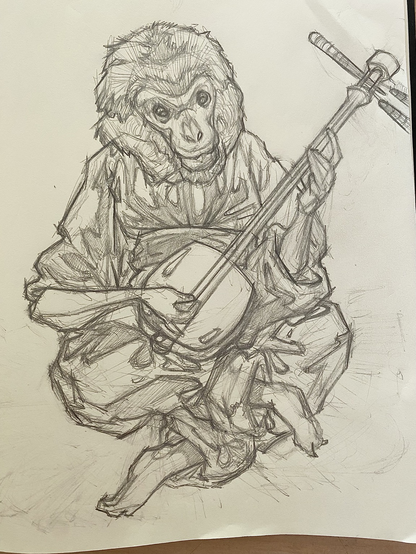 A snow monkey dressed in traditional Japanese dress plays a shamisen