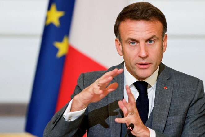 Emmanuel Macron lors de l’ouverture de la conférence humanitaire pour la population civile de Gaza à Paris, le 9 novembre 2023. © Photo Ludovic Marin / AFP