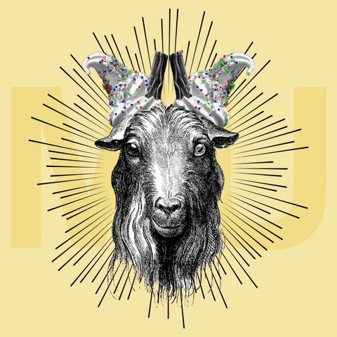 A digital collage of a vintage goat head illustration with 99-er ice creams replacing the horns.